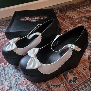 Demonia Black and White Bow Platform Shoes